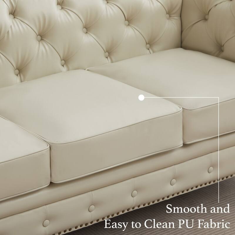 84" PU Leather 3-Seat Sofa with Button Tufted Back & Rolled Arms - 83" W