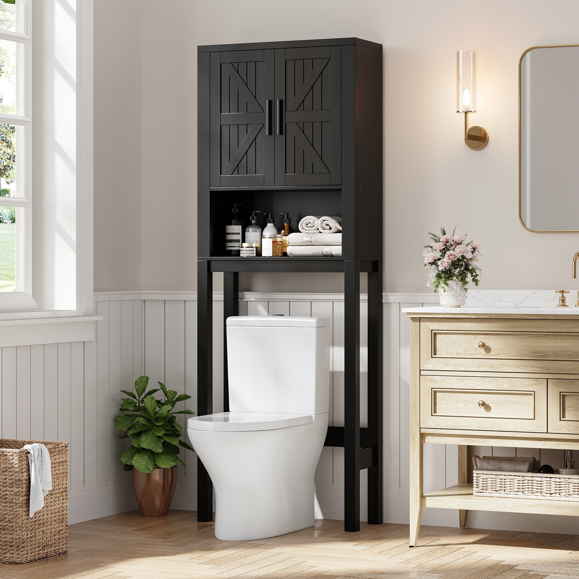 Space-Saving over the Toilet Storage Cabinet – Double Barn Doors, Adjustable Shelf