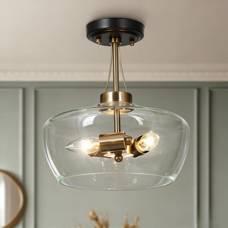 Zelena Modern Farmhouse 3-Light Black Gold Bowl Glass Semi-Flush Mount Kitchen Ceiling Light