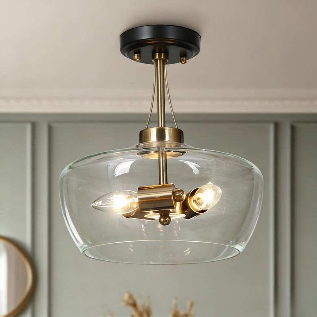 Zelena Modern Farmhouse 3-Light Black Gold Bowl Glass Semi-Flush Mount Kitchen Ceiling Light