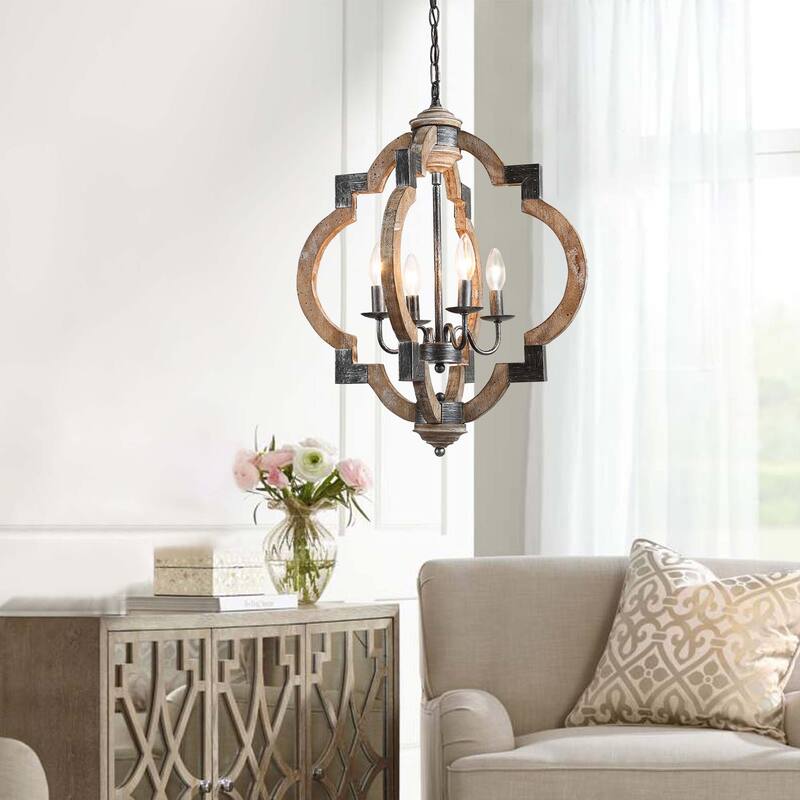 Modern Farmhouse 3/4-Light Wood Lantern Chandelier for Dining Room Foyer