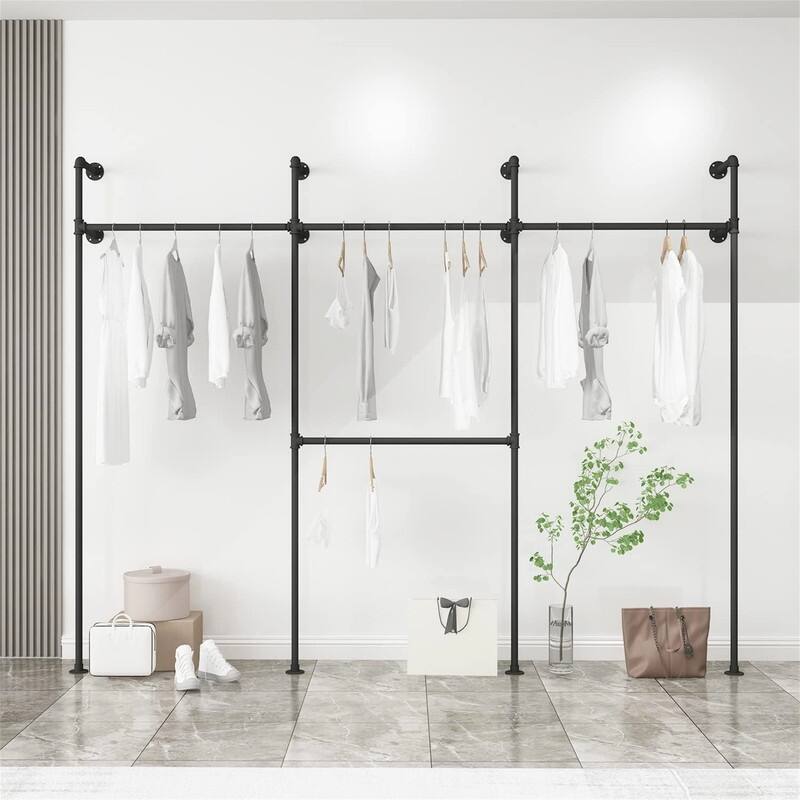 Industrial Pipe Clothing Rack On Wall - 9.8"D x 114"W x 85.5"H