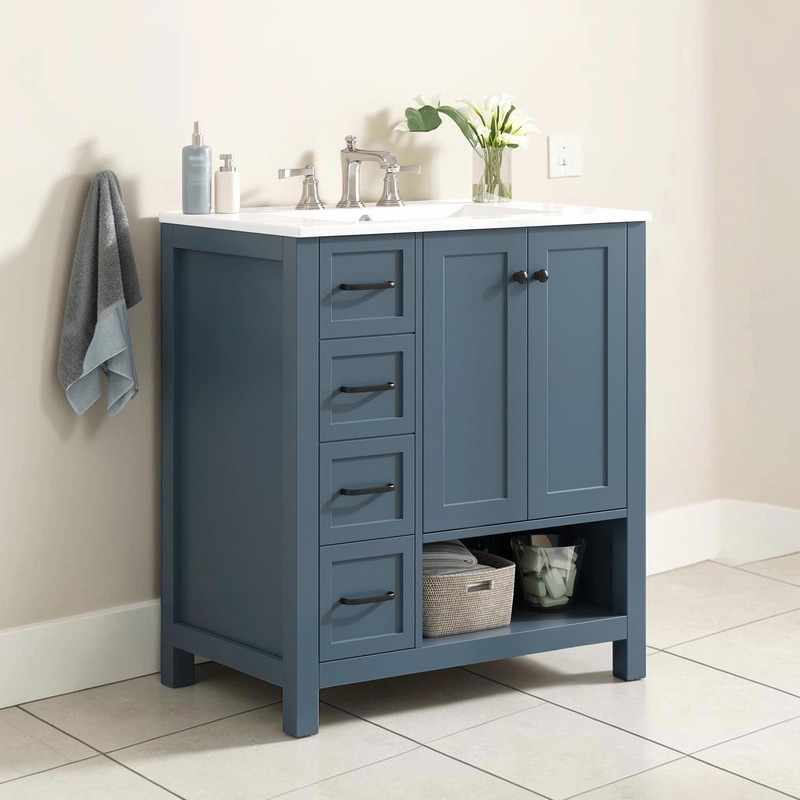 30" Bathroom Vanity with Sink Top, Freestanding Cabinet with 2 Doors, 2 Drawers & Open Shelf
