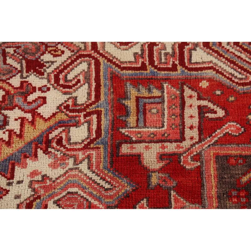 Red Geometric Heriz Persian Vintage Area Rug Hand-Knotted Wool Carpet - 9'4"x 13'5"