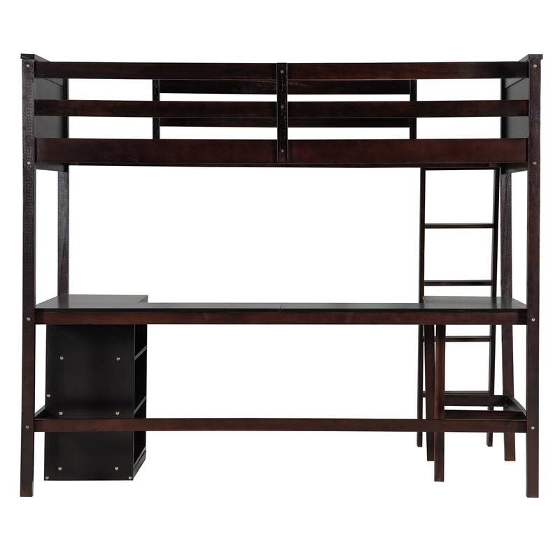 Twin size Loft Bed with Shelves and Desk, Wooden Loft Bed with Desk - Espresso