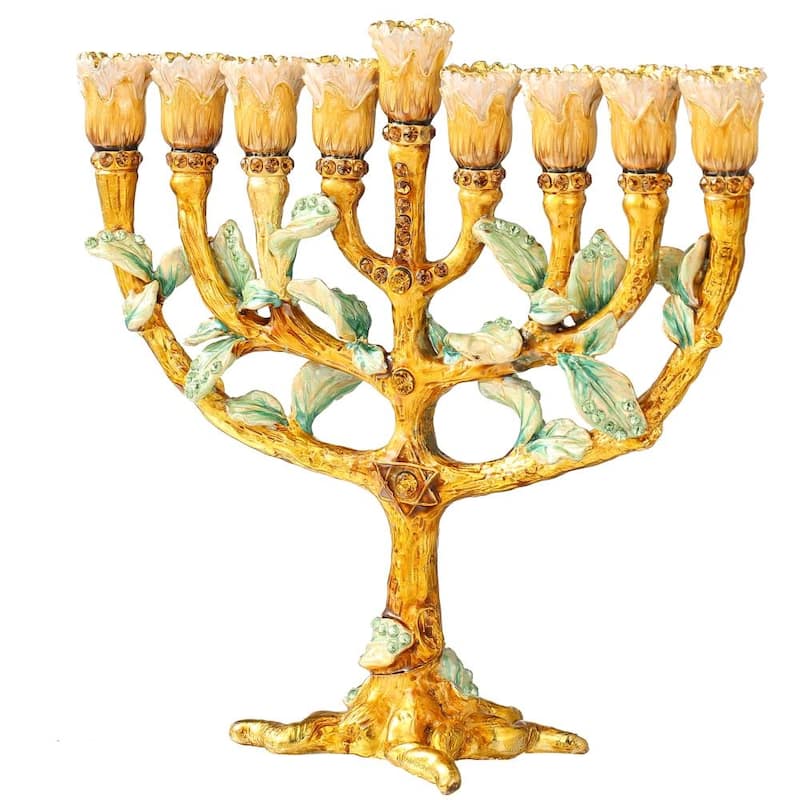 Matashi Hand Painted Enamel Menorah Candelabra w/ Tree & Flower Buds Design & Spinning Dreidel Holiday Ornaments w/ Crystals