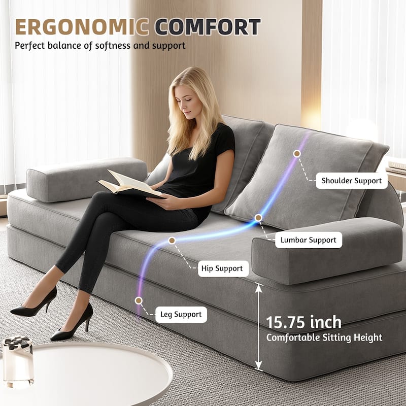 86.6" Convertible Loveseat Sofa Bed with Removable Backrests, Chenille Fabric Sleeper Sofa, Chaise Lounge, Floor Folding Couch