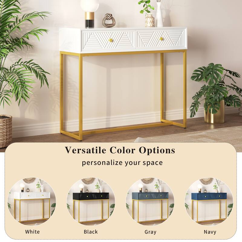 38" Modern Console Table with Two Drawers and Gold Metal Base for Entryway, Living Room
