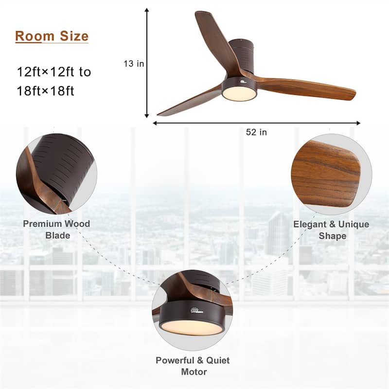52" Flush Mount Wood Ceiling Fan with Dimmable LED Light and Remote Control
