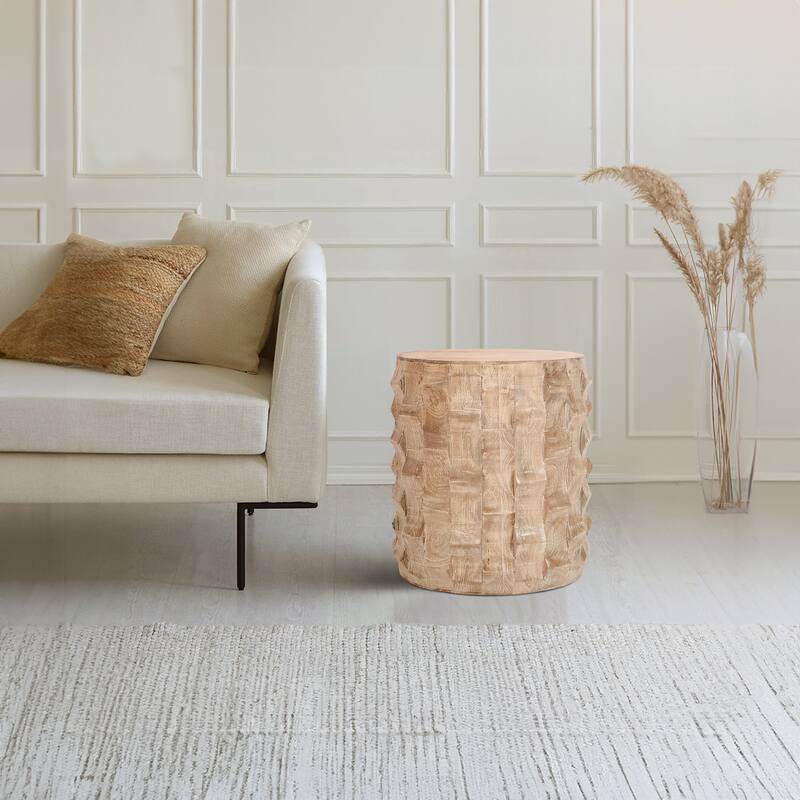 20 Inch Side End Table, Round Drum Shape with 3D Textured Design, Distressed White Finish