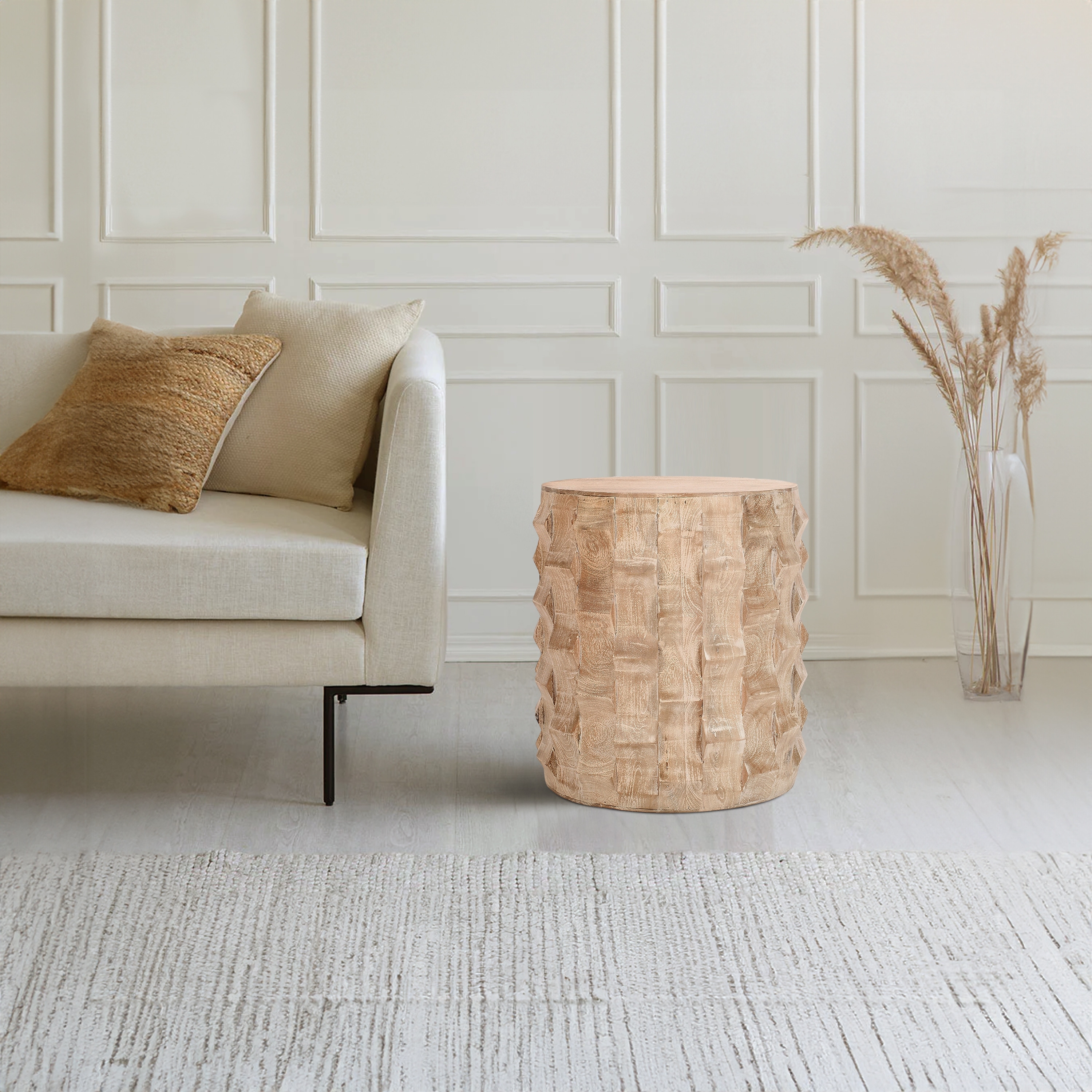 20 Inch Side End Table, Round Drum Shape with 3D Textured Design