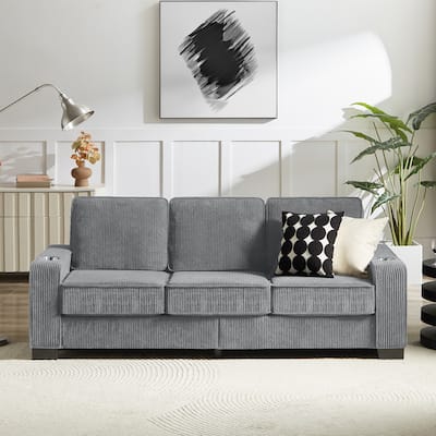 Corduroy Fabric Deep Seat Sofa, Cloud Sofa with Washable Backrest Cushion, 3 Seater Sofa with 2 Cup Holders & Square Arm