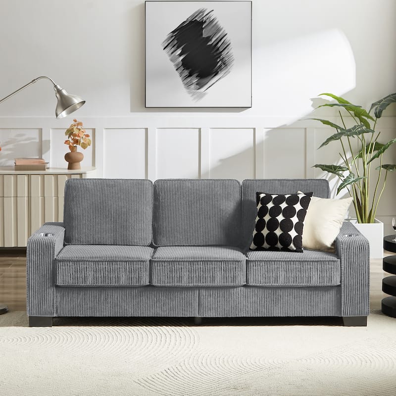 Extendable 3 Seat Sofa Corduroy Lounge Couch with Built-in Cup Holders