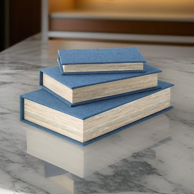 Jolly Decor Storage Box Set of 3, Blue Book Design, Black Velvet Lining
