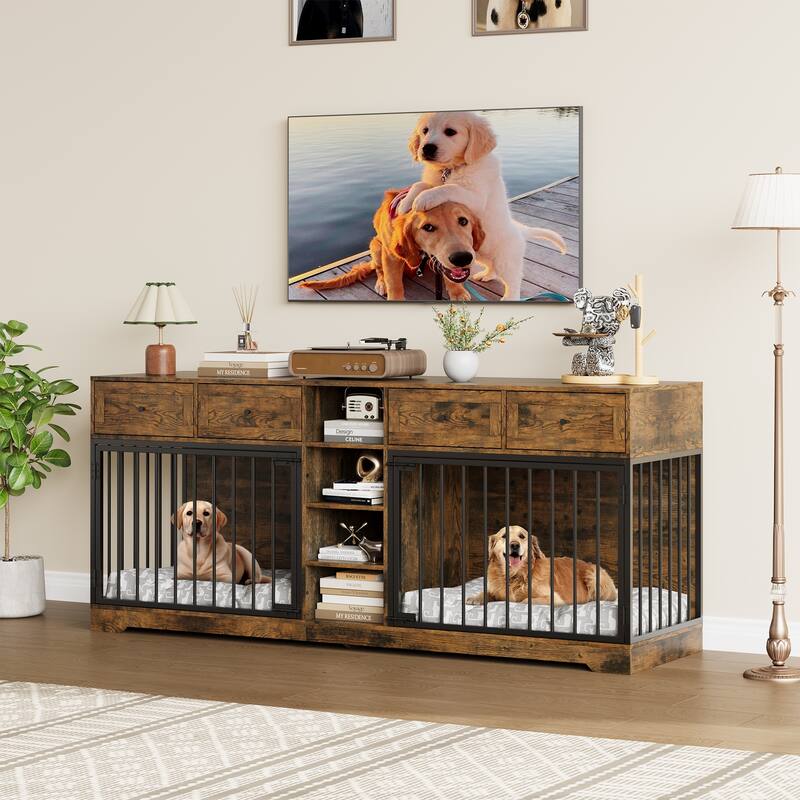 Double Dog Crate Furniture, Large Wooden Dog House with 4 Drawers