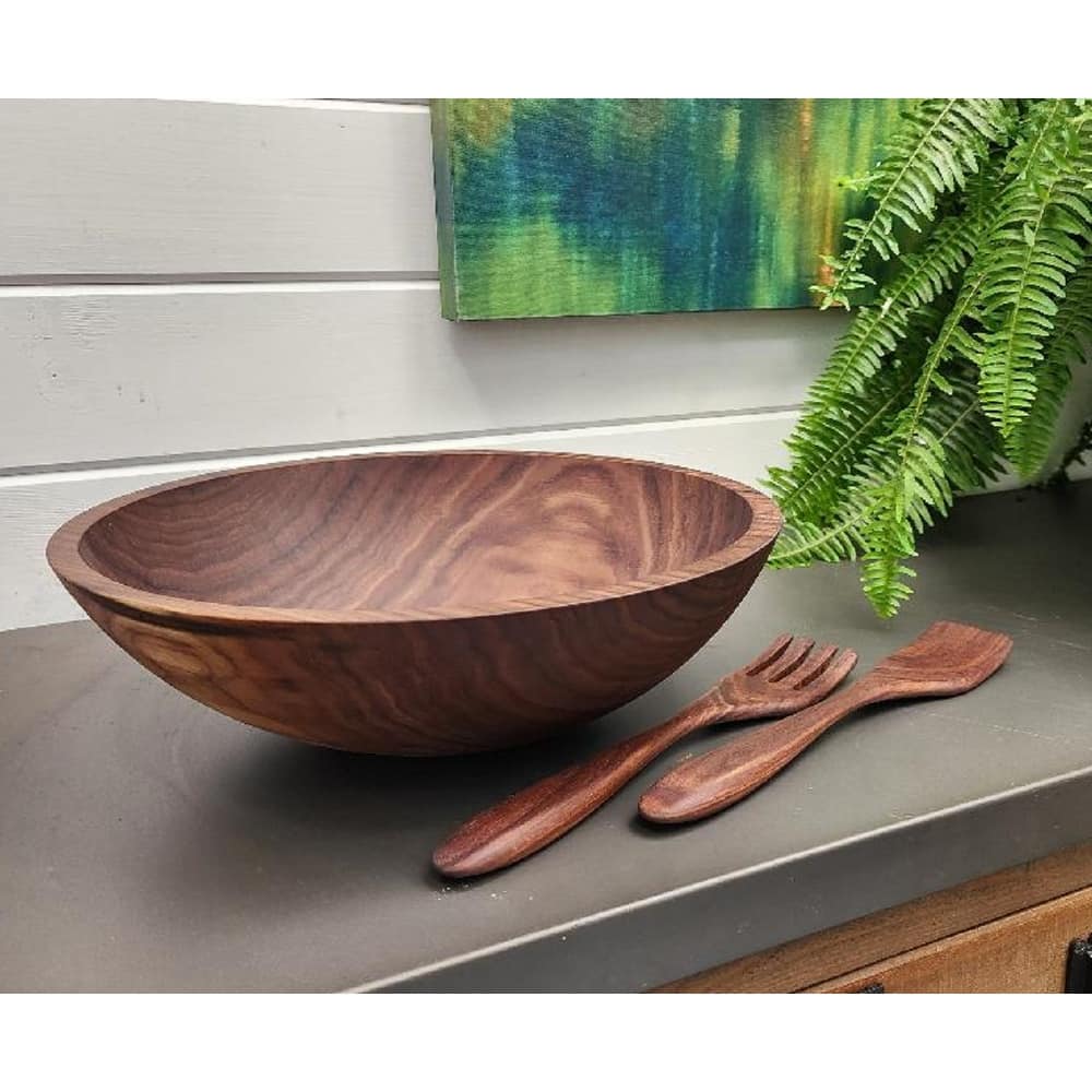 Handmade Solid 15 inch Walnut Bowl with Servers - 15"x15"