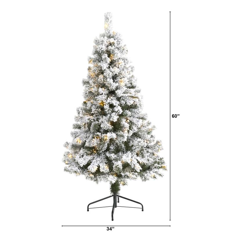 5ft Pre-Lit Artificial Christmas Tree - Flocked Frosted Fir with Stand & 150 Lights - Holiday Decor - White - 26