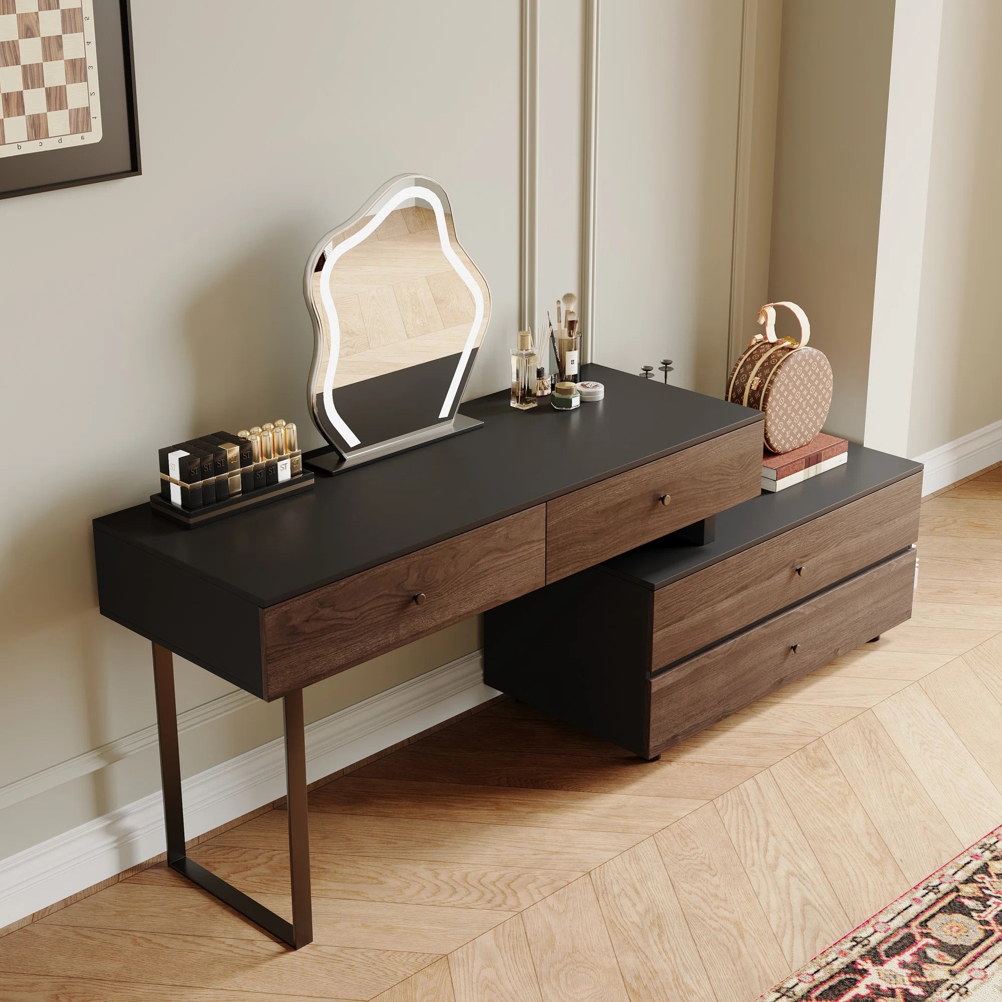 Extendable Makeup Vanity with 4 Drawers Swivelable L-shaped Corner Vanity Desk