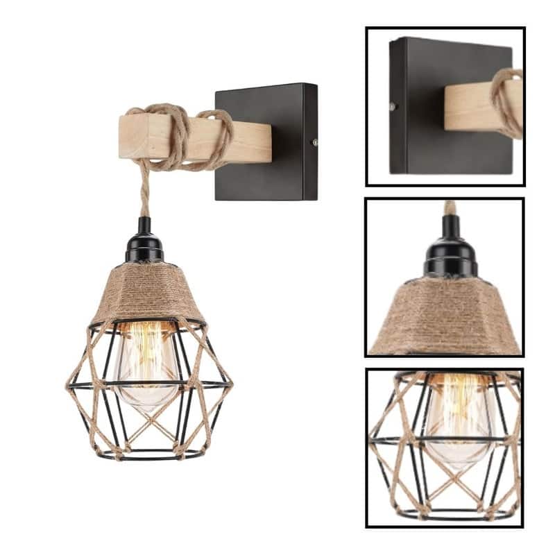 Frideko wall sconces natural wood wall lighting hemp rope, metal, wood modern wall light