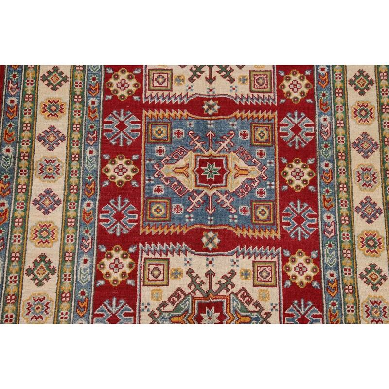 Geometric Red Kazak Area Rug Handmade Oriental Wool Carpet - 4'0" x 6'3"