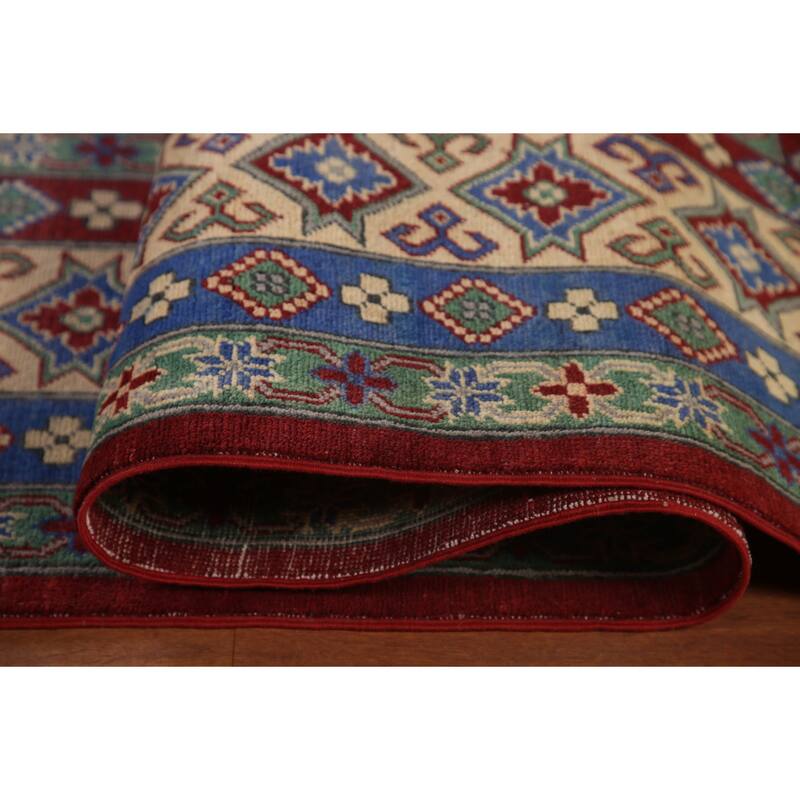 Large Red Geometric Kazak Oriental Area Rug Handmade Wool Carpet - 9'8" x 15'6"