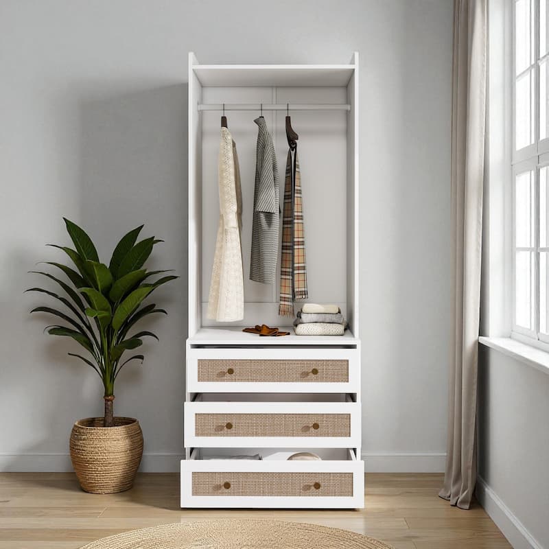 High Wardrobe Armoire with Rattan 3-Drawer Storage Cabinet Closet Organizer for Bedroom Living Room Entryway