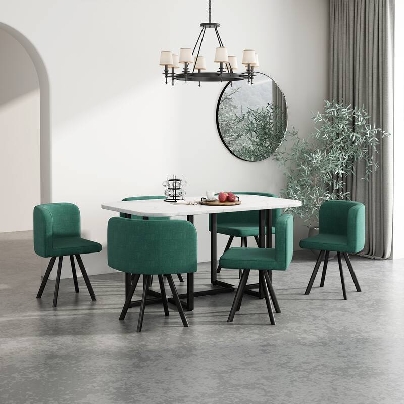 Modern 7-Piece Dining Table Set with 6 Curved Backrest Green Accent Chairs, 59" Dining Table Coffee Table - Green