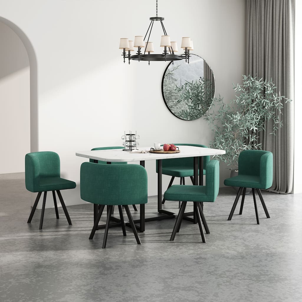 Modern 7-Piece Dining Table Set with 6 Curved Backrest Green Accent Chairs, 59" Dining Table Coffee Table