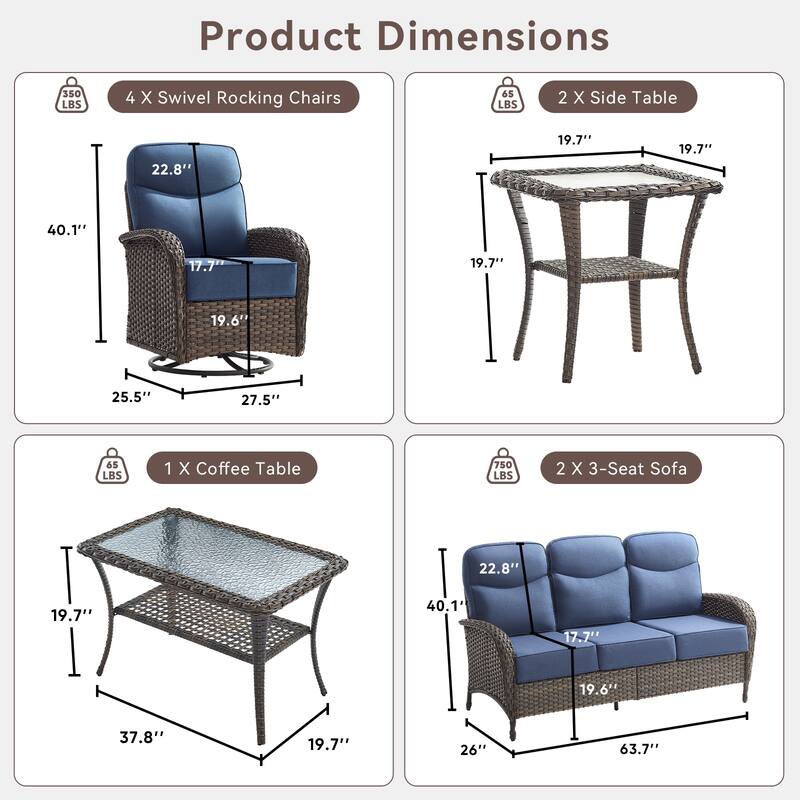 Pocassy Outdoor 9-Piece Sofa Swivel Chair with Coffee Table