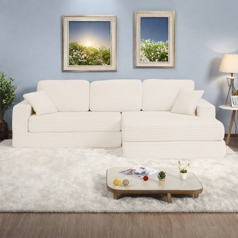 112.6" L-Shaped Modular Sectional Right sofa seat with Queen Sleeper Function, Corduroy Upholstery and No Assembly Required - Beige