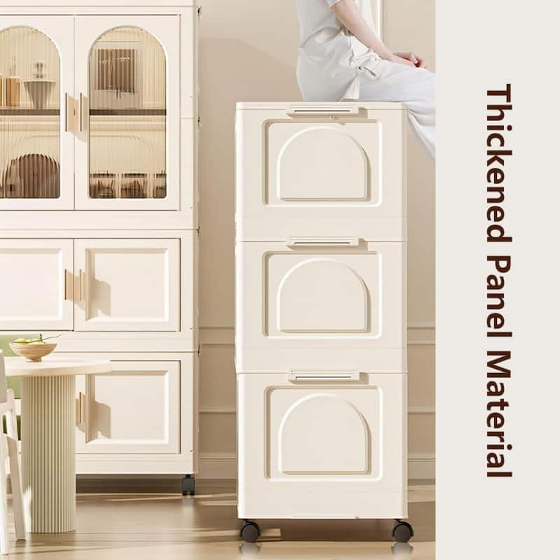 25.59" Side Wide Folding Wardrobe,with Magnetic Door,Storage Cabinet with Wheels(1 layer of wardrobe+2 layers of folding boxes)
