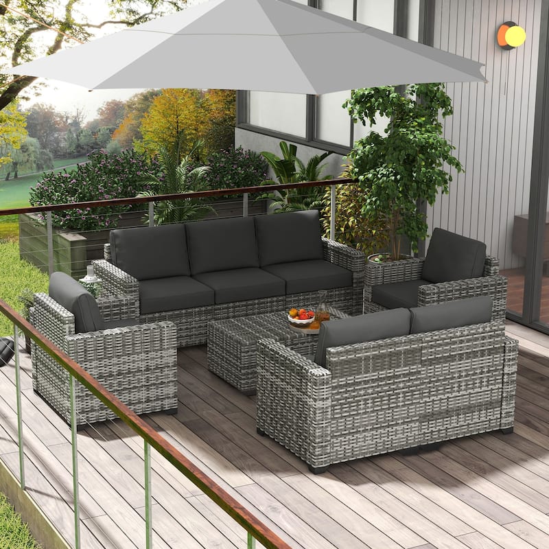 Outsunny 5 Piece Wicker Patio Furniture Set with Thick Padded Cushions, Outdoor PE Rattan Sectional Furniture Conversation Sofa - Grey