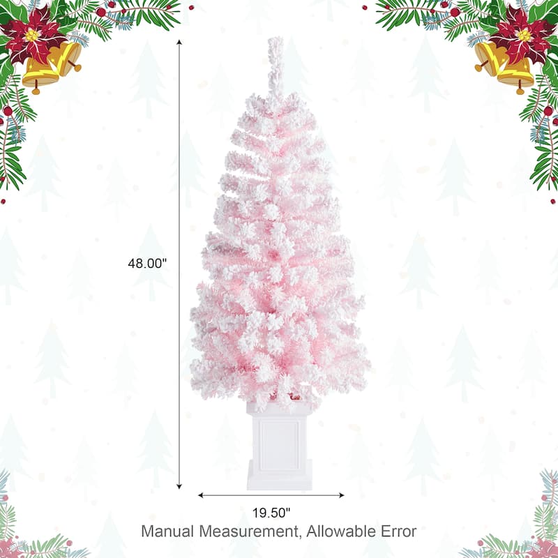 Glitzhome 4ft/5ft Pre-Lit Flocked Pink Artificial Christmas Porch Tree with Foot Pedal LED Lights