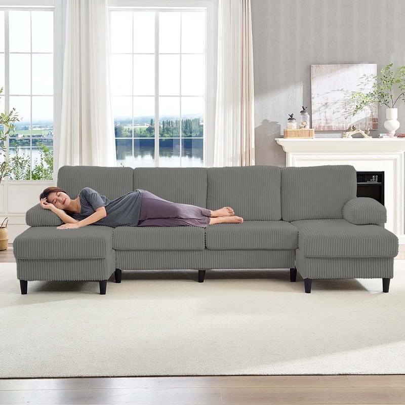 Mixoy W110"U-Shaped Sectional Sofa Couches with Double Chaises and Sleepable Armrests,Corduroy Upholstered 4-Seater Sofa
