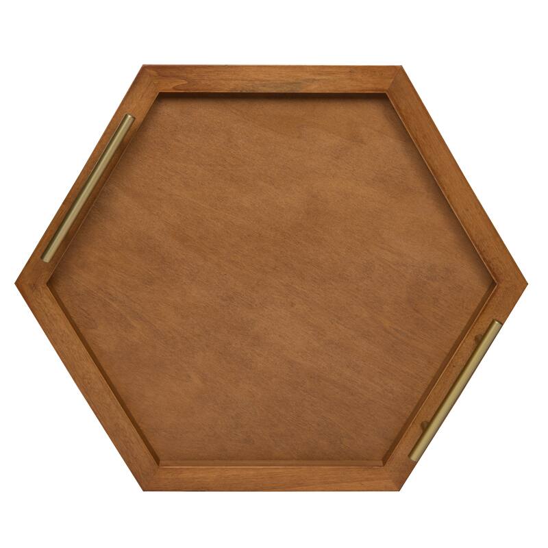 Halsey Hexagon Decorative Wood Tray with Polished Metal Handles