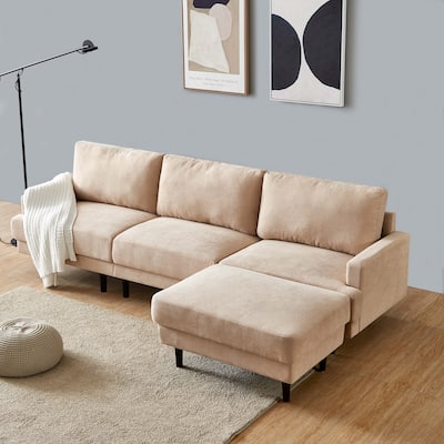 L Shape Modern Sectional Sofa with Solid Wood Legs and Ottoman