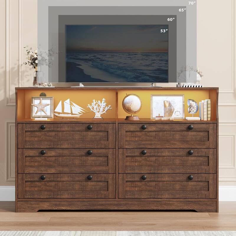 6 Drawer Dresser for Bedroom with Power Outlet and LED Light