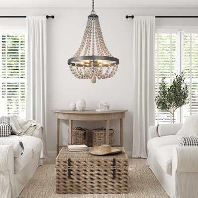 Mid-Century Modern 6-Light Wood Bead Chandelier Bohemian Empire Pendant for Dining Room - W20.1" x H28.3"