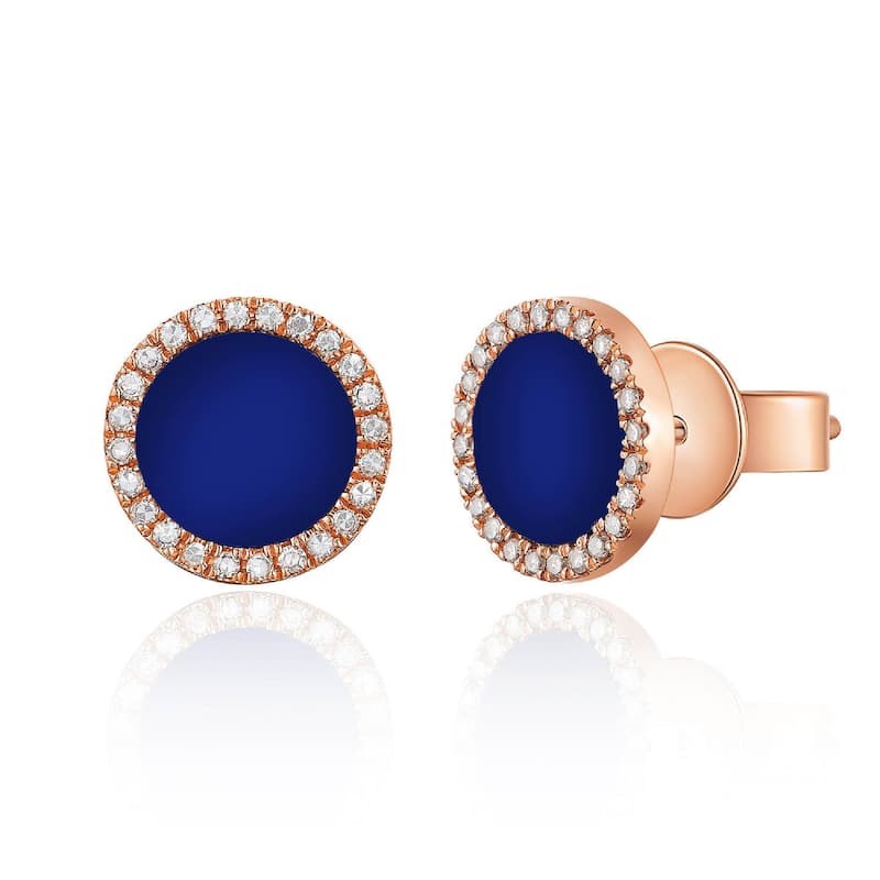 Joelle Collection Lapis and Diamond Pave Disc Circle Stud Earrings 14K Gold - Rose