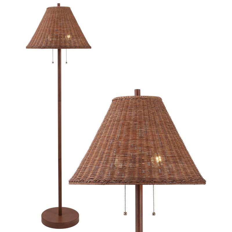 Palma 61" 2-Light Iron/Rattan LED Floor Lamp with Pull-Chain by JONATHAN Y - Dark Brown Wood Finish