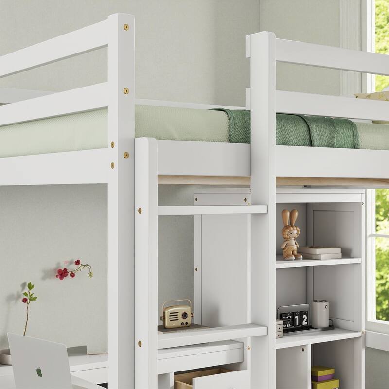 Full Size Loft Bed with Desk, Drawers and Shelves, Solid Pine Wood Frame with Built-in Ladder and Guardrails