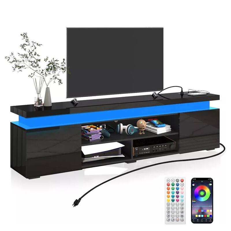 LED TV Stand for 66"TV High Gloss with Storage Black - 73 inches in width