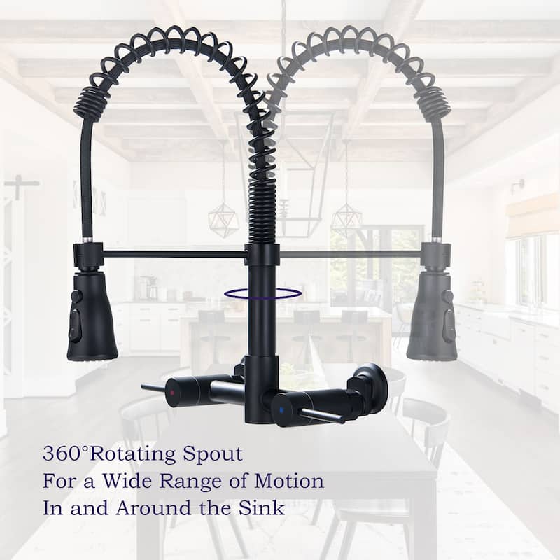 Wall Mounted 3-Way Black/Gold Rotary Kitchen Faucet with Pull Down Sprayer In Stainless Steel