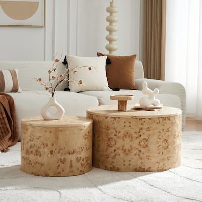 Elegant Burl Wood Veneer Coffee Table Set - 2-Piece Nesting Tables with Adjustable Feet & Spacious Storage