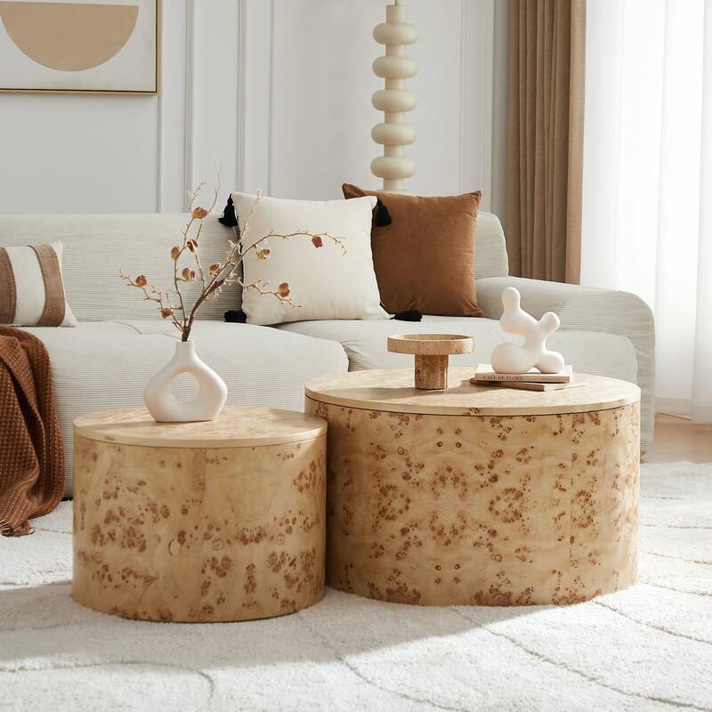Nested Round Coffee Table Set with Burl Wood Veneer - 2-Piece MDF Storage Tables with Adjustable Feet