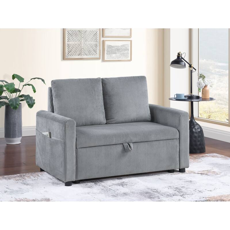 Corduroy Upholstered Wide Loveseat Sofa, 2 Seater Sofa with Side Pocket, Couch Settee with Storage and Cushions