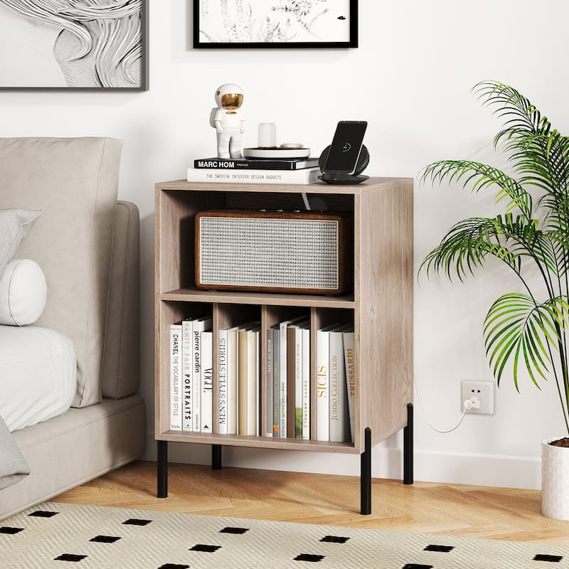 Gymax Record Player Stand w/Charging Station 5 Storage Compartments