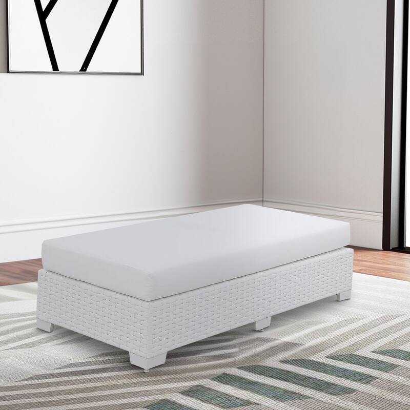 Wicker Aluminum Framed Bench with Fabric Cushion Seat, White