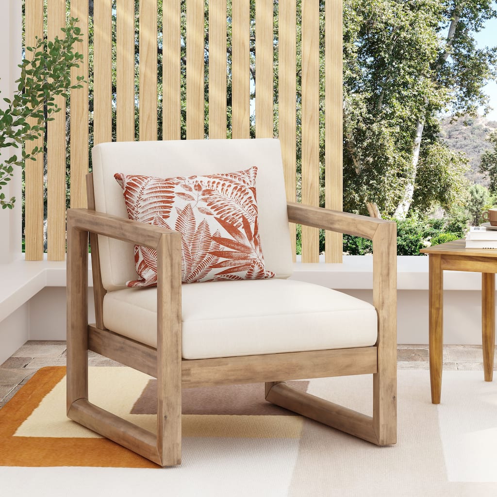 Outdoor Acacia Wood Club Chair with Cushions, Brown and Beige, 29.5'' D X 27.5'' W X 31.5'' H