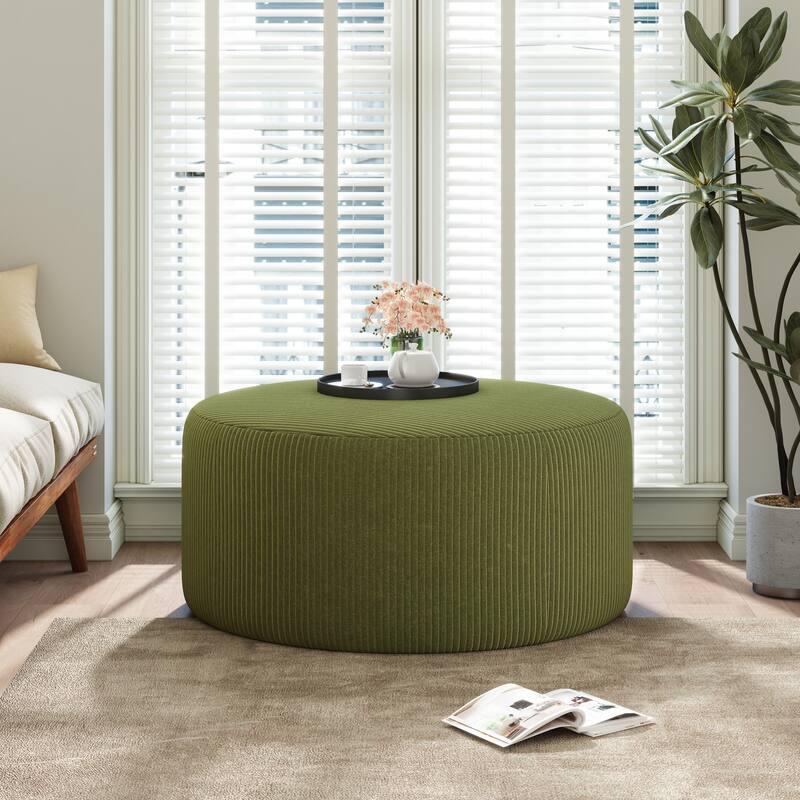 Corduroy Upholstered Round Ottoman - Olive Green Stylish Accent Table